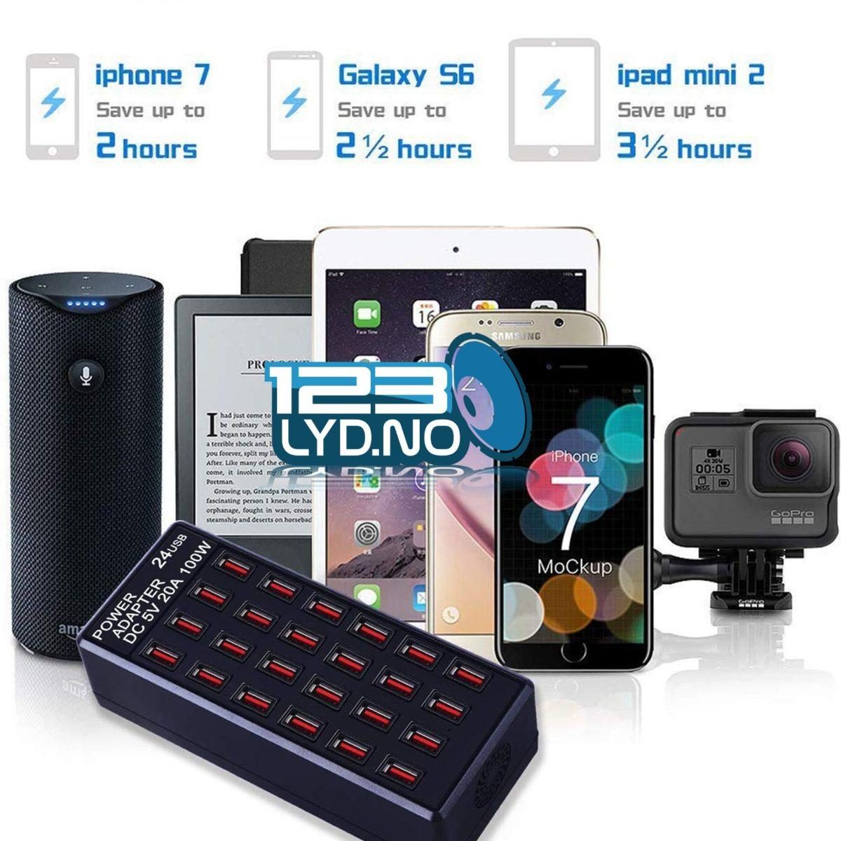 USB Lader med 24 ladepunkter, perfekt å legge frem på fest