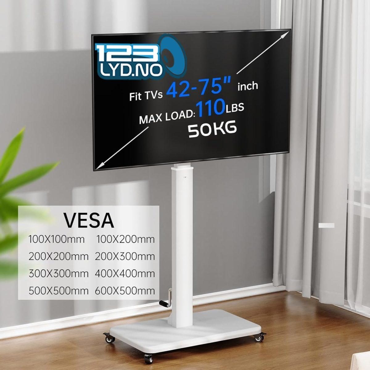 TV Stativ på hjul (hvit) for 42 til 85″ TV V» til leie
